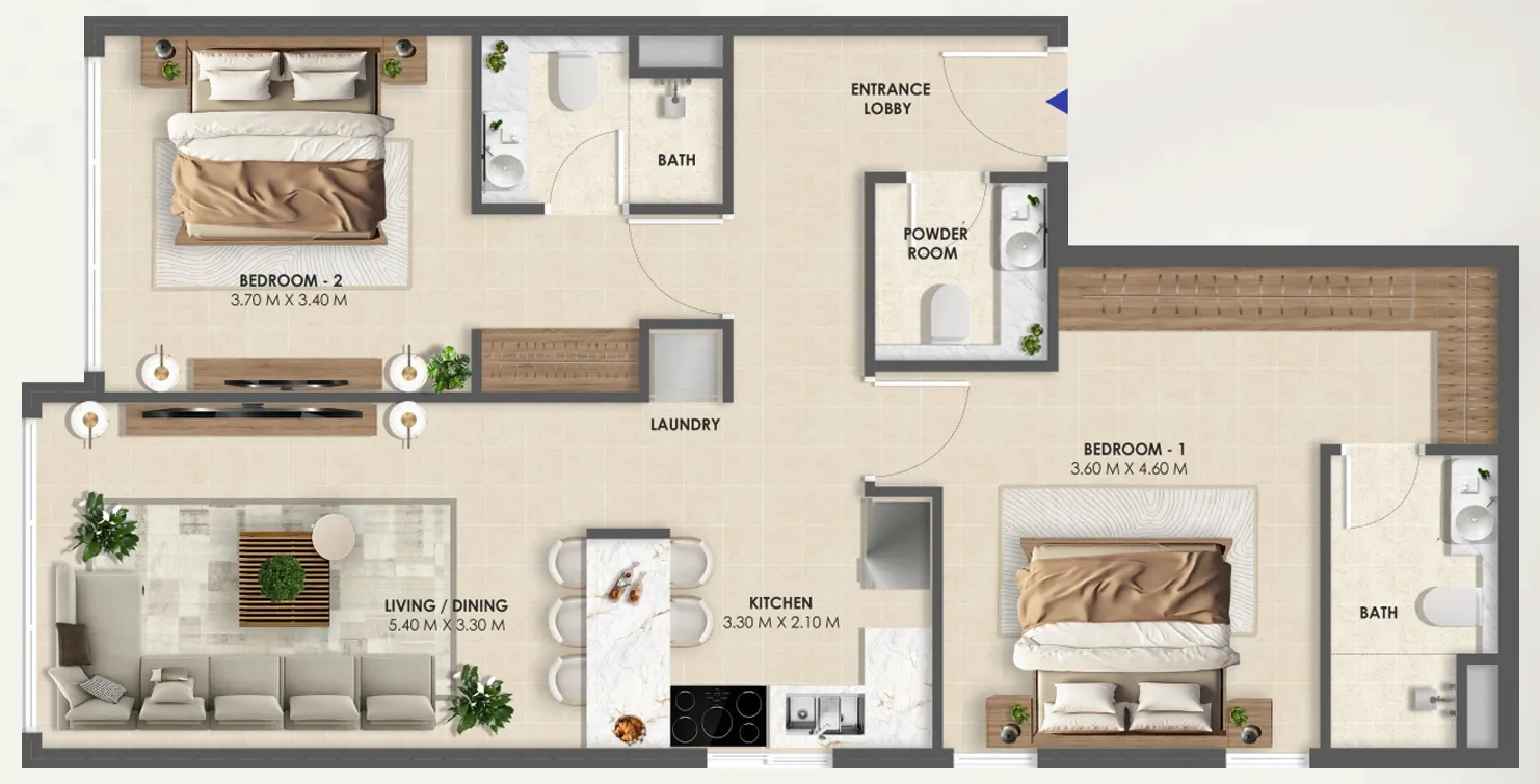Vivida Residences 2 bed floor plan, 929 sqft