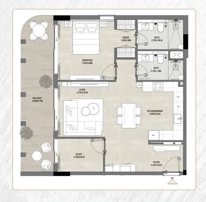 Amber by Enso 1 bed floor plan, 997 sqft