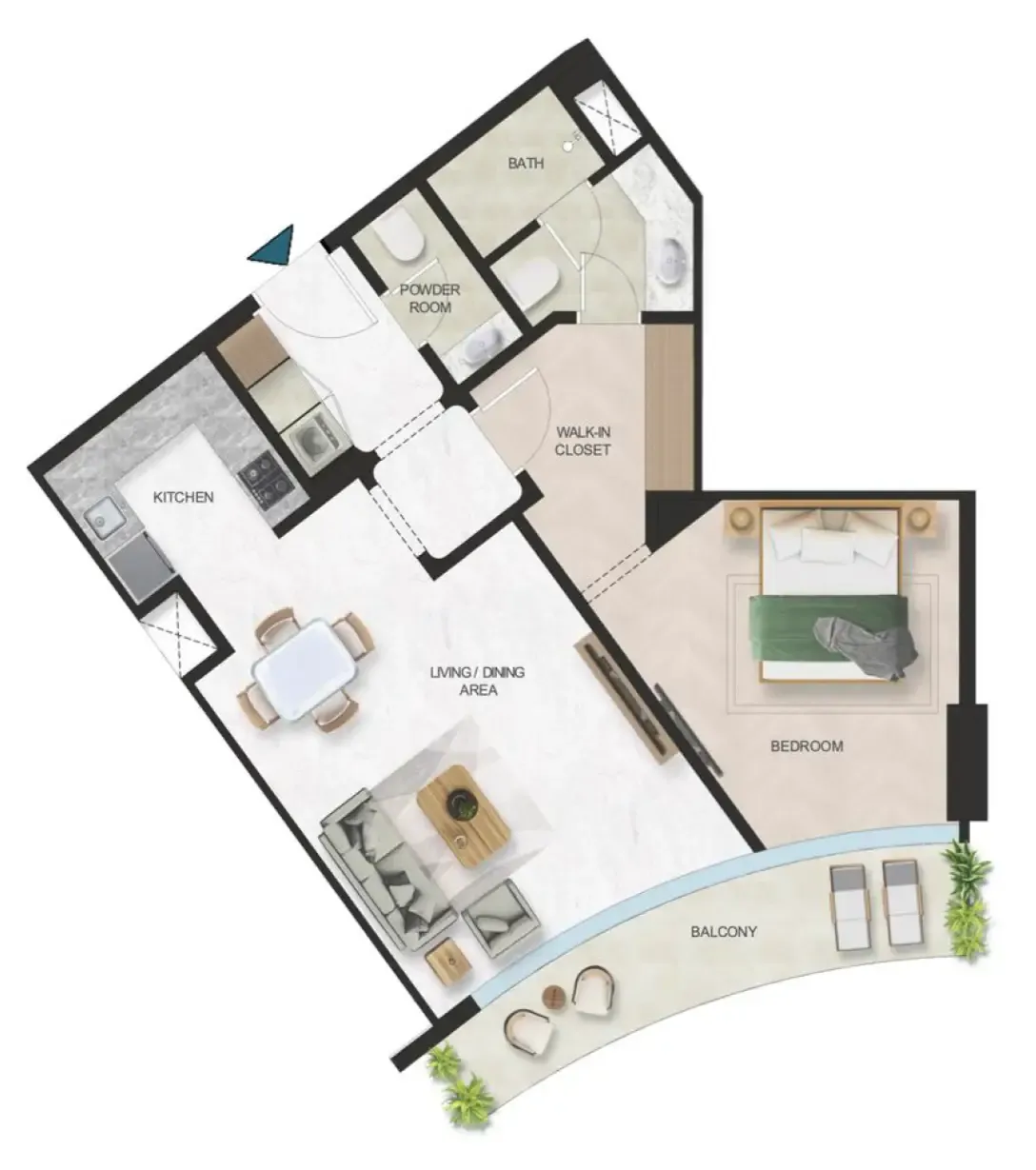 Oystra 1 bed floor plan, 873 sqft