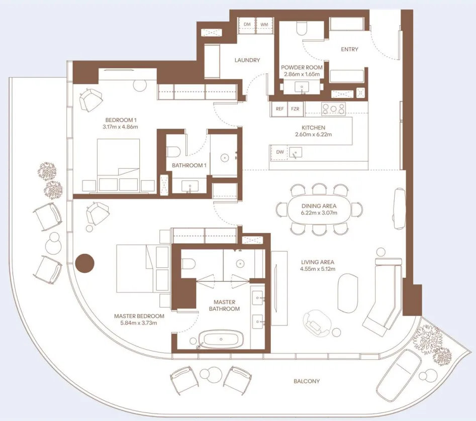 Dubai Harbour Residence 2 bed floor plan, 2,250 sqft