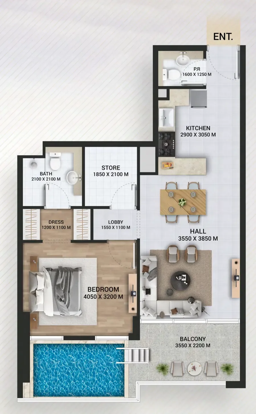 Empire Lake Views 1 bed floor plan, 857 sqft