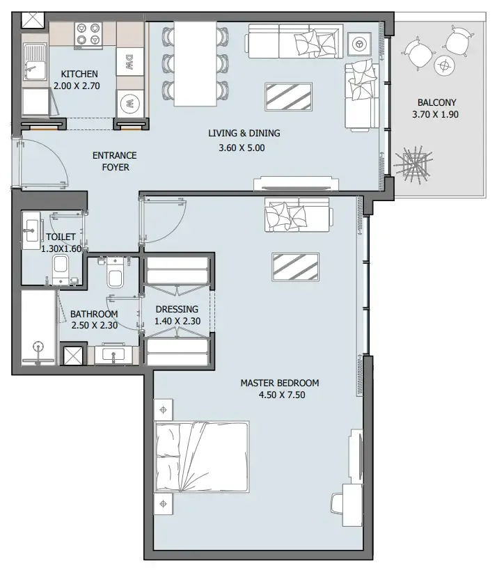 Oceana 1 bed floor plan, 907 sqft