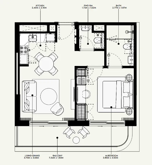 Azizi Venice 1 bed floor plan, 689 sqft
