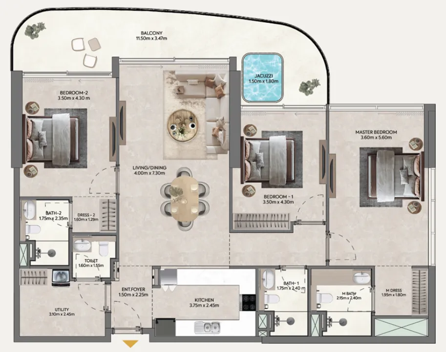 Hermina by Casagrand 3 bed floor plan, 1,698 sqft
