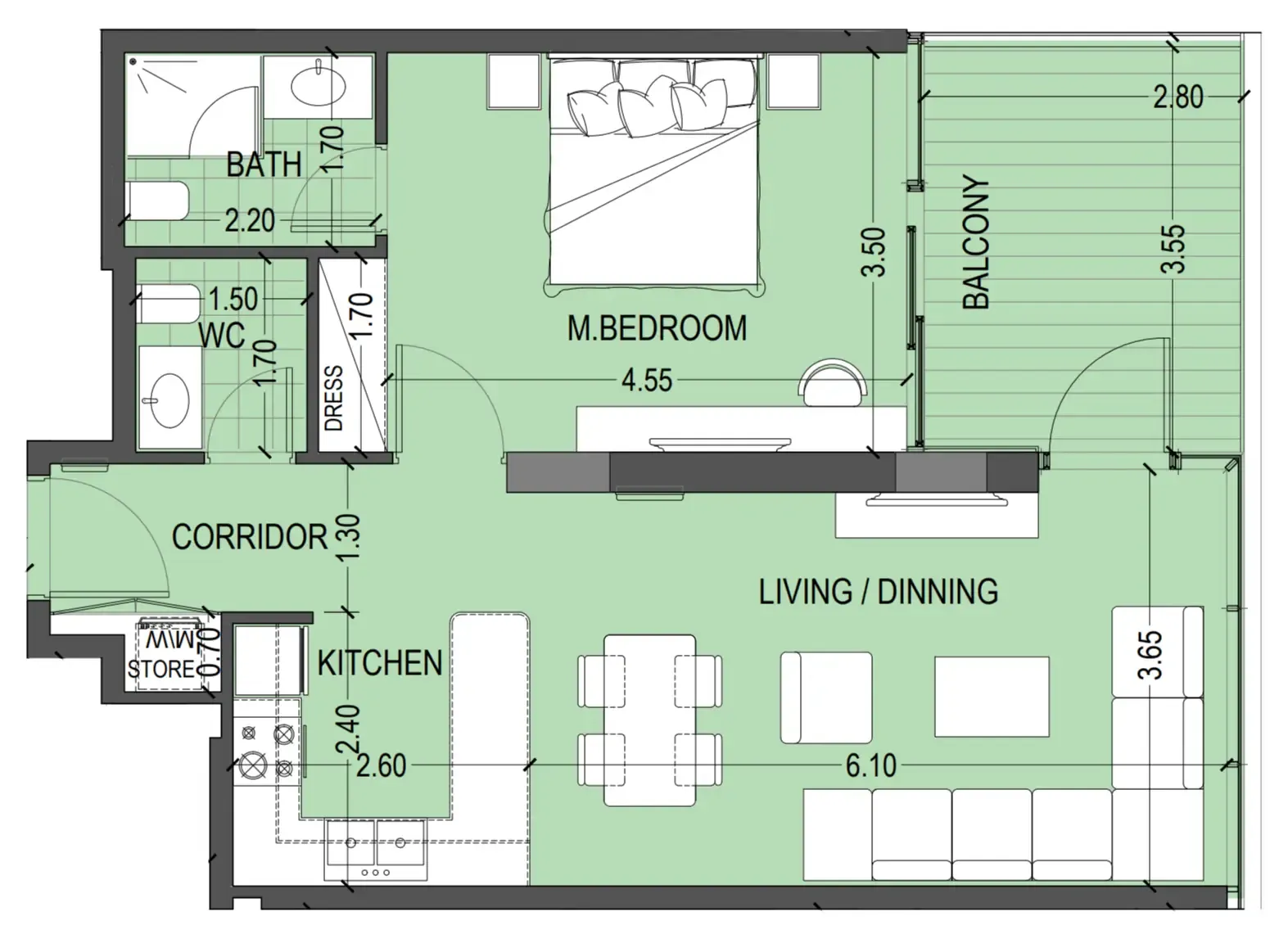 Celia Gardens 1 bed floor plan, 789 sqft