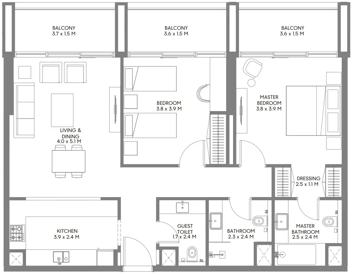 Jenna 1 2 bed floor plan, 1,198 sqft