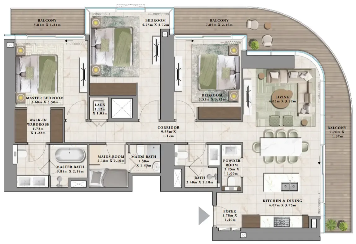 Avarra by Palace 3 bed floor plan, 1,821 sqft