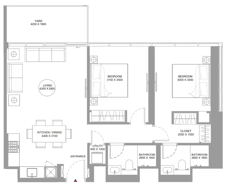 Bayfront Marina Residences 2 bed floor plan, 960 sqft