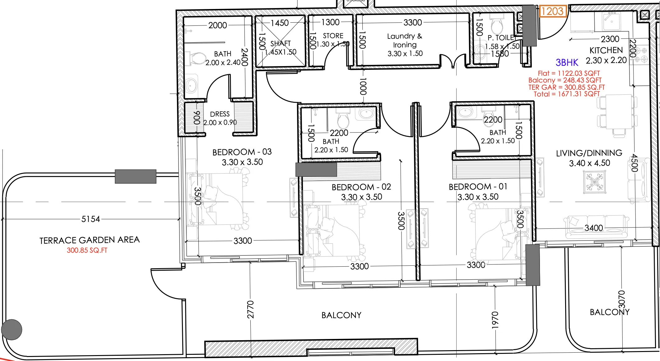 Terra Tower 3 bed floor plan, 1,708 sqft