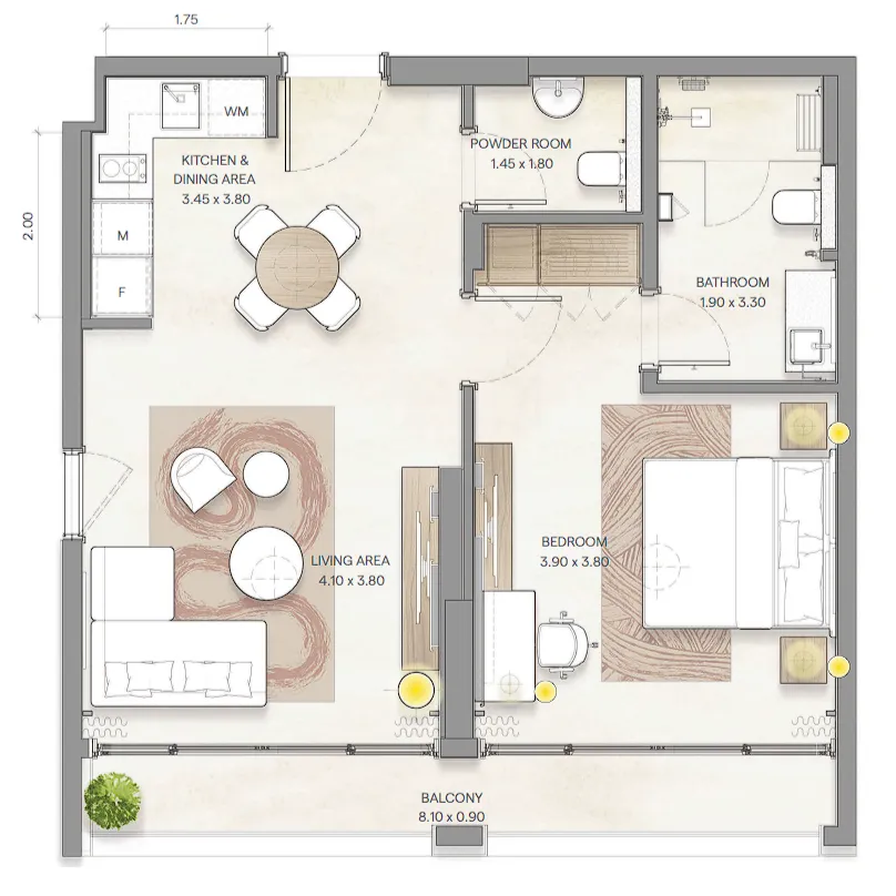Bloom Arjaan by Rotana  1 bed floor plan, 738 sqft