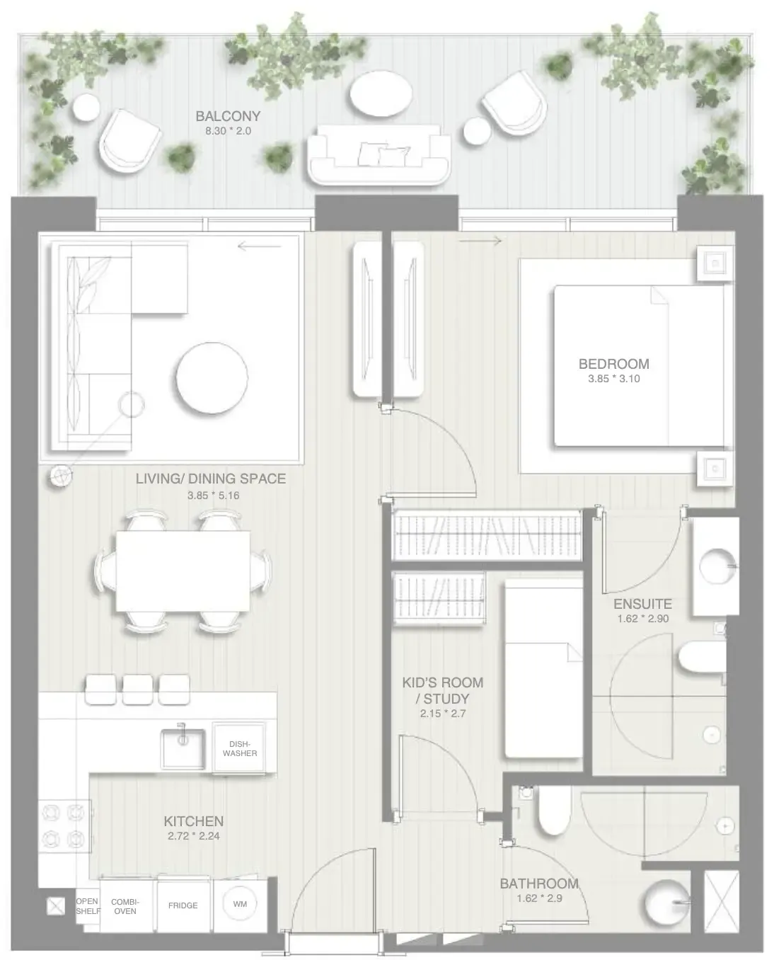 Sol Levante 1 bed floor plan, 883 sqft