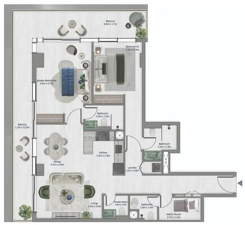 Oceara Park View Residences Phase 1 2 bed floor plan, 1,457 sqft