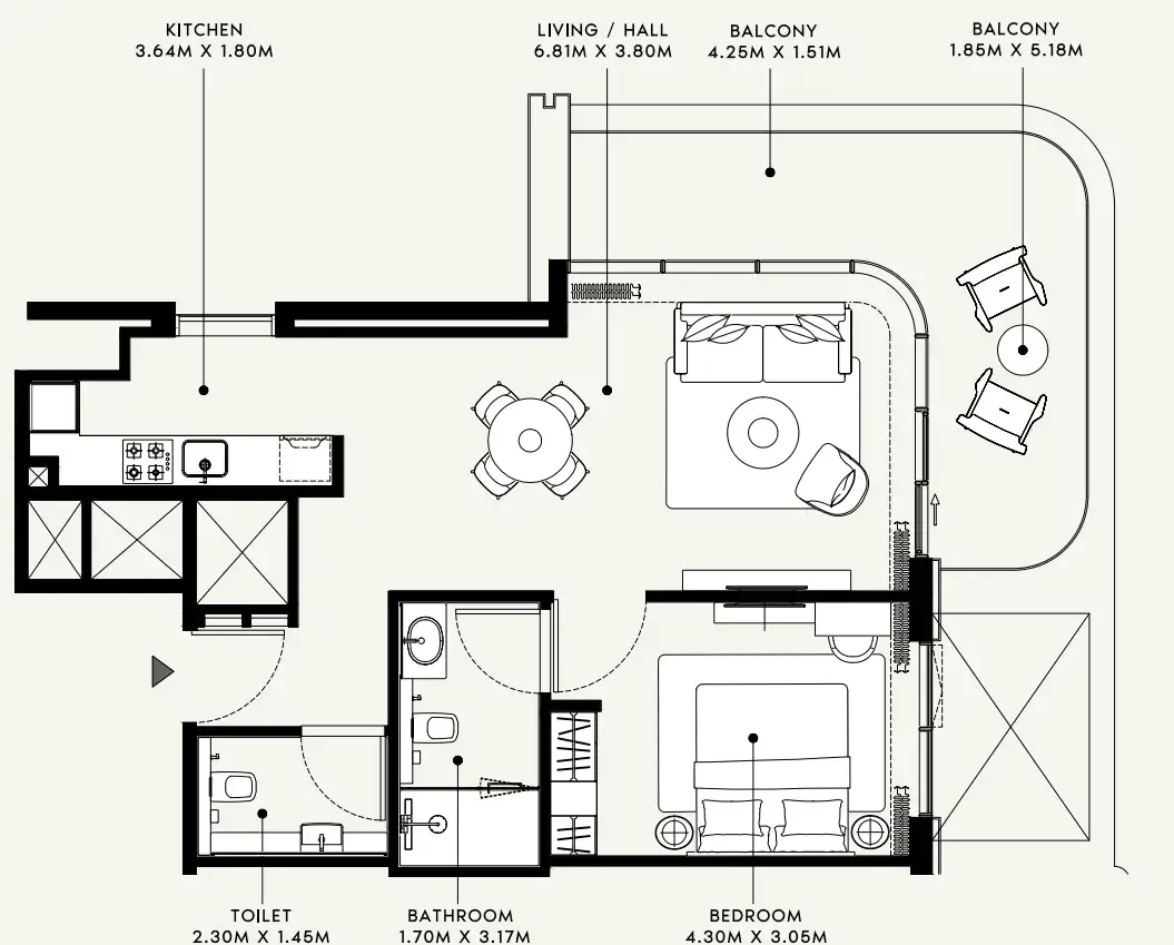 Azizi Venice 1 bed floor plan, 875 sqft