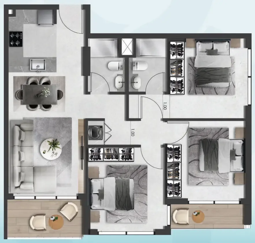 Saray South Residences 3 bed floor plan, 934 sqft