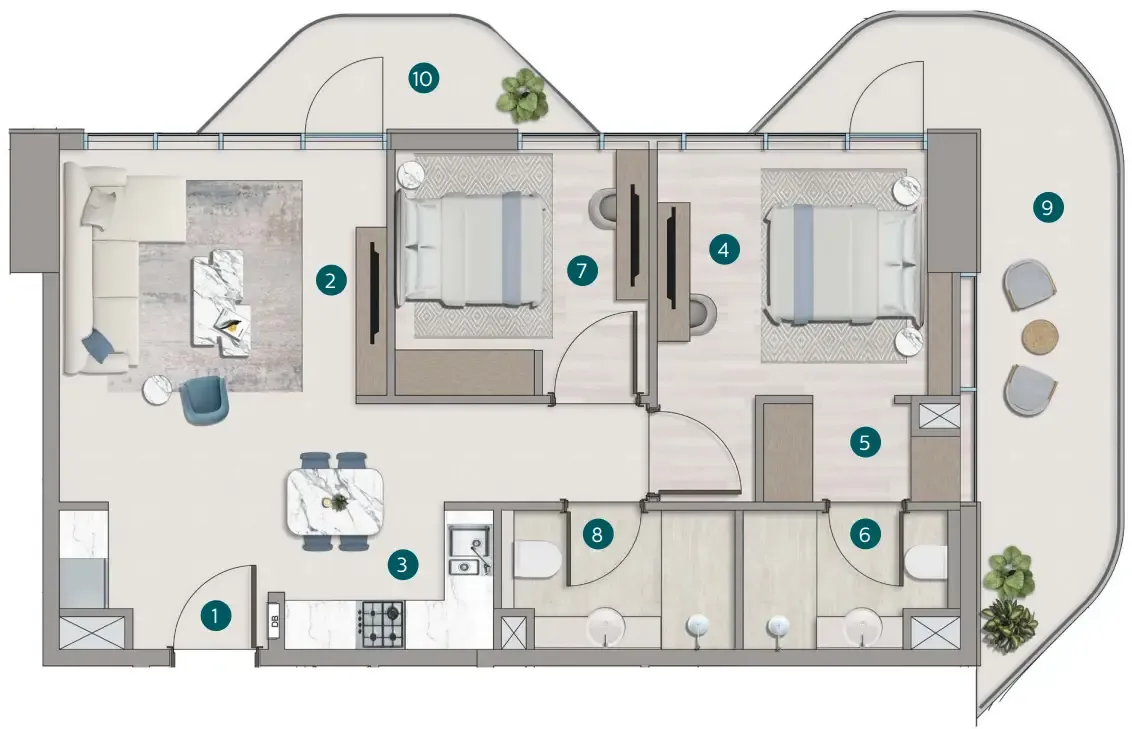 Flora Shore Beachside Residences 2 bed floor plan, 983 sqft