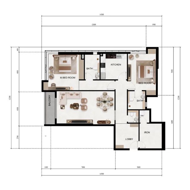 Lily Tower 2 bed floor plan, 1,422 sqft