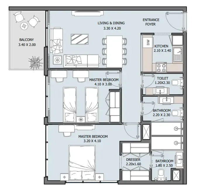 Oceana 2 bed floor plan, 930 sqft