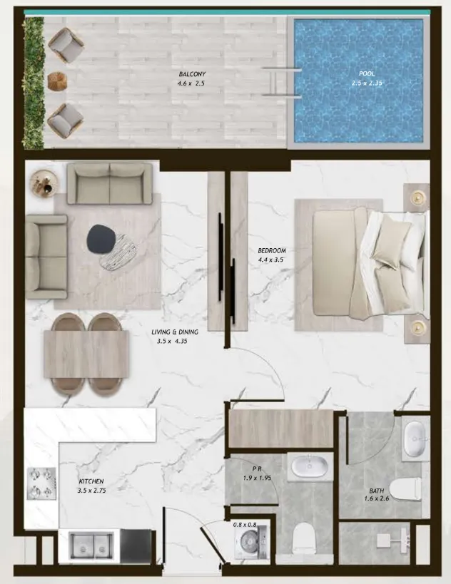 Samana Parkville 1 bed floor plan, 764 sqft