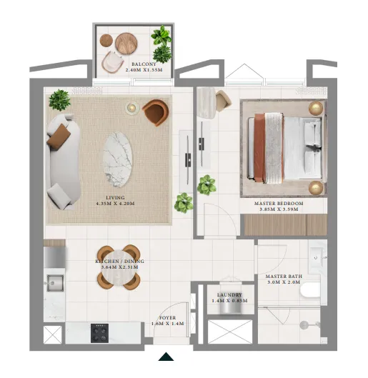 Hillsedge 1 bed floor plan, 708 – 711 sqft