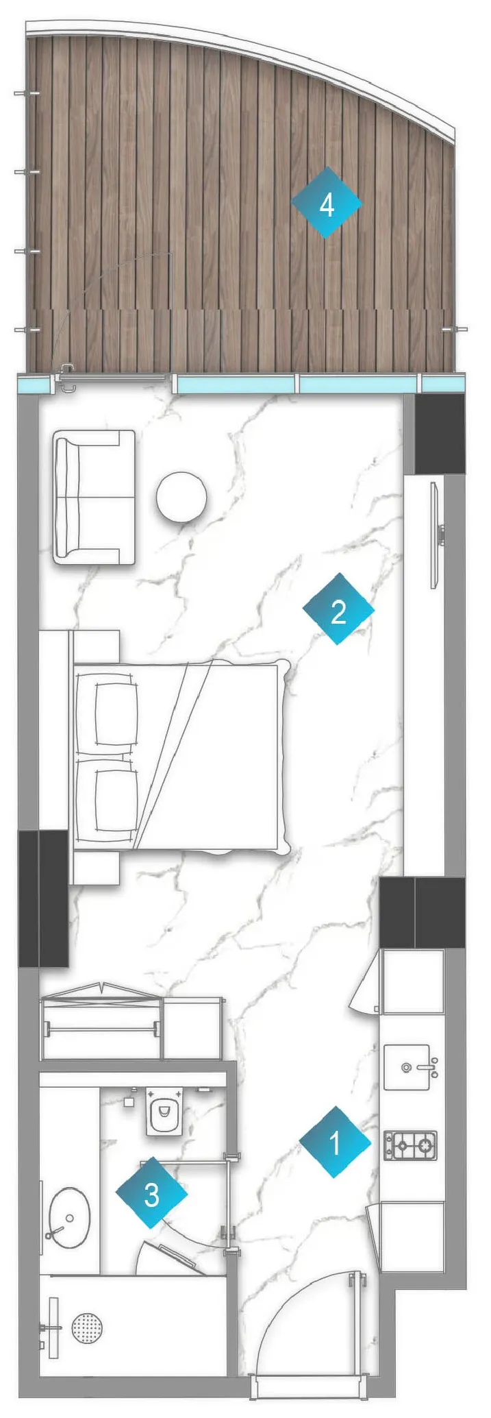 Aqua Arc Studio floor plan, 570 sqft