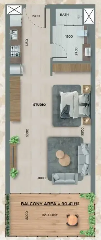 368 Park Ln. Studio floor plan, 455 sqft