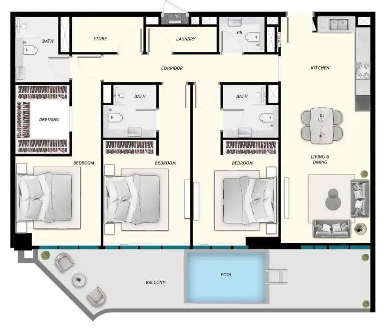 Samana Ibiza 3 bed floor plan, 1,740 – 1,741 sqft