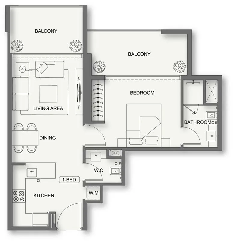 Binghatti Cullinan 1 bed floor plan, 739 – 883 sqft