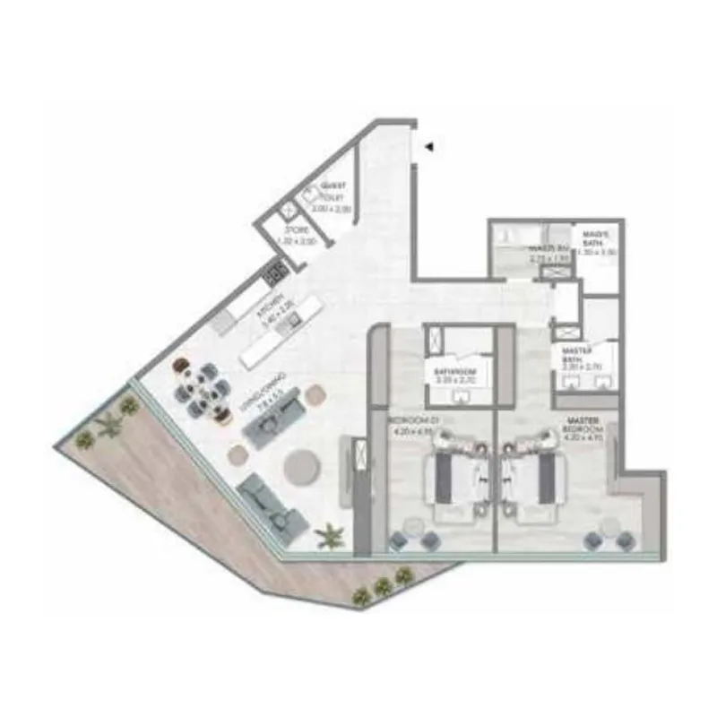 Habtoor Grand Residences 2 bed floor plan, 2,175 sqft