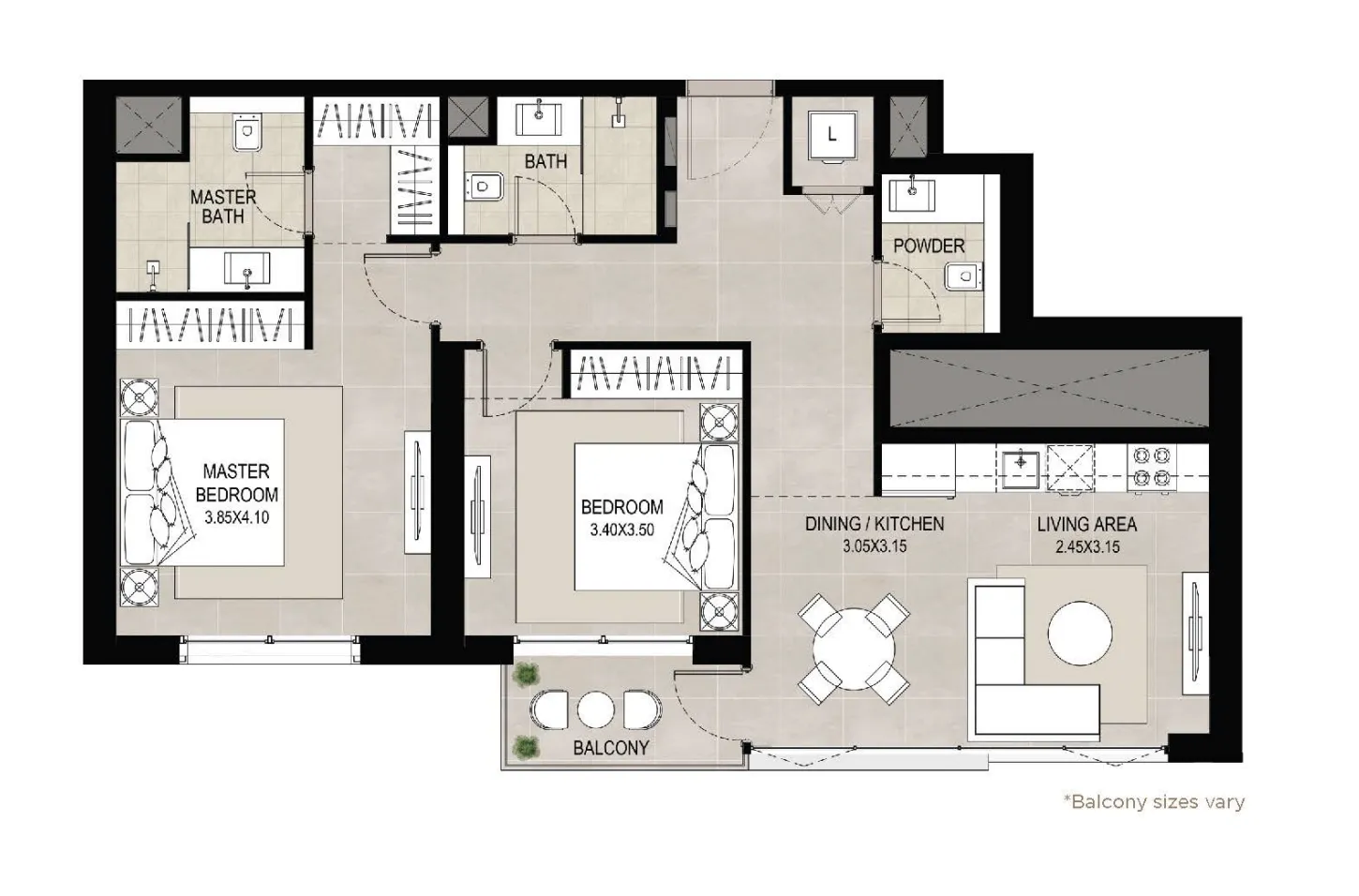 Aria on the Park 2 bed floor plan, 969 sqft
