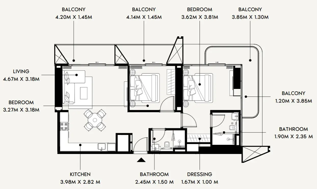 Azizi Wares 2 bed floor plan, 1,085 sqft
