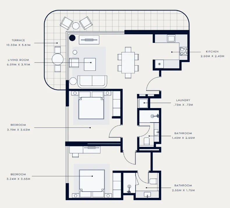 Azizi Venice 2 bed floor plan, 1,133 sqft