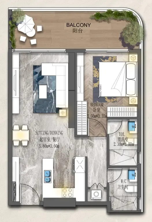 Forest City 2 1 bed floor plan, 835 sqft