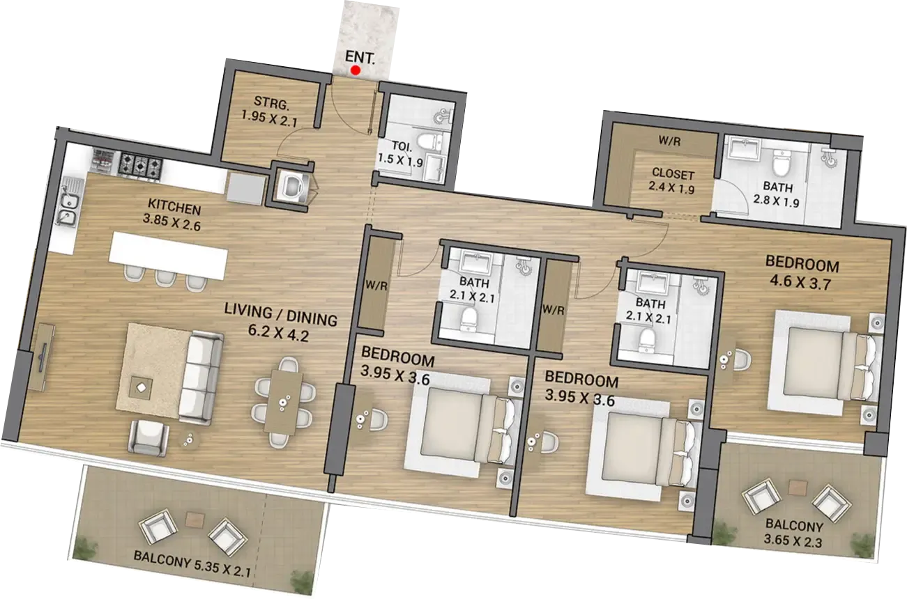 Ocean Tower 3 bed floor plan, 1,823 sqft