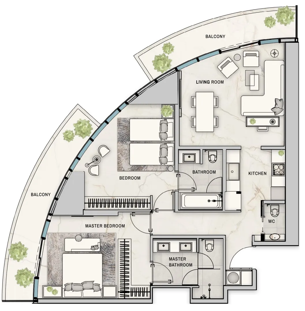 The Biltmore Residences Sufouh 2 bed floor plan, 1,327 sqft