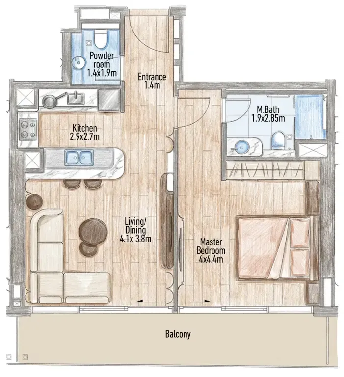 Flow 25 1 bed floor plan, 815 sqft