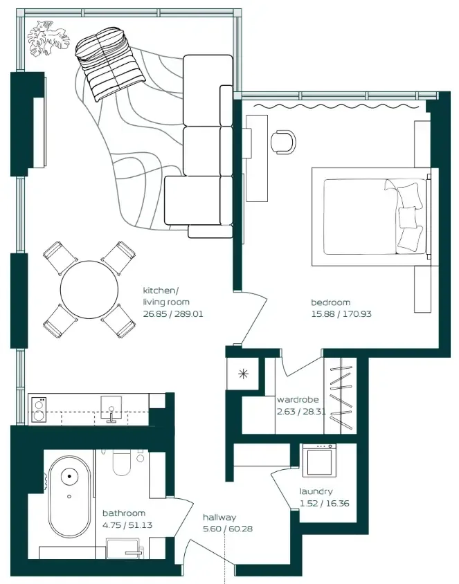 Vibe 1 bed floor plan, 697 sqft