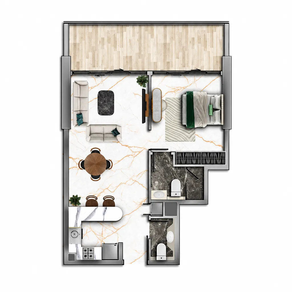 77S Tower 1 bed floor plan, 876 – 1,241 sqft