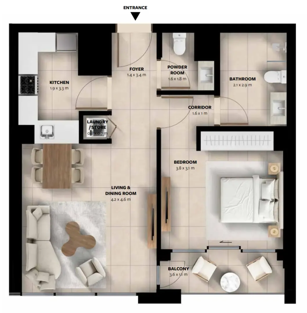 Waada Dubai South 1 bed floor plan, 750 sqft