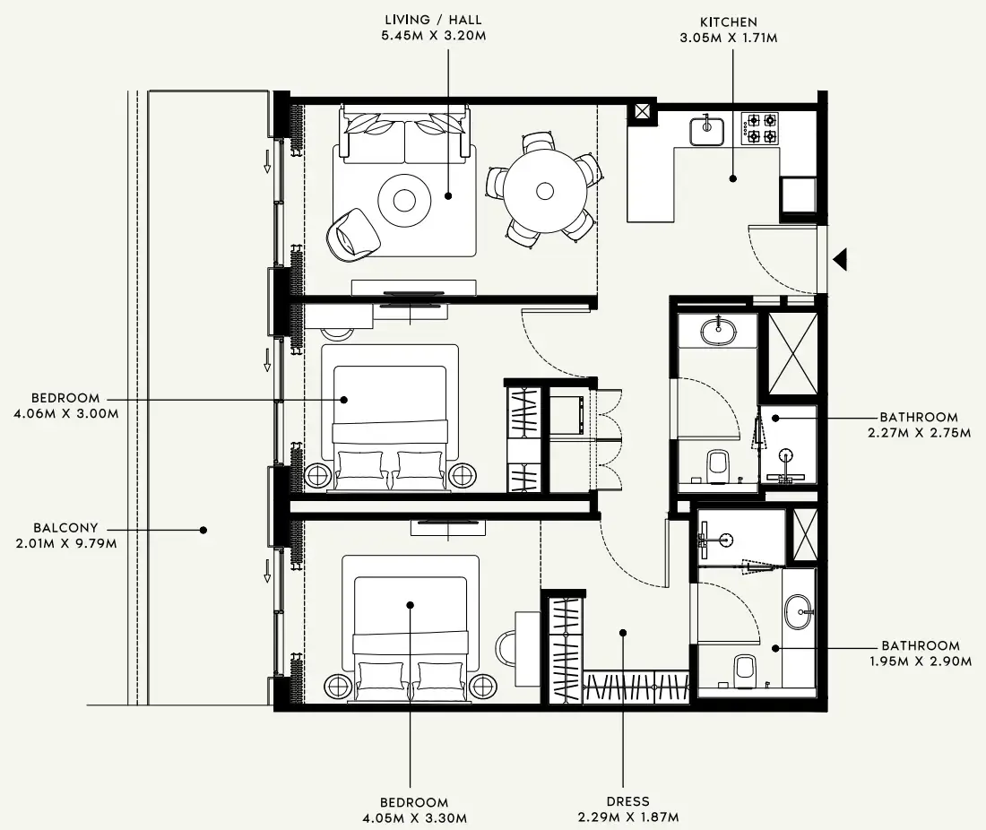 Azizi Venice 2 bed floor plan, 1,150 sqft