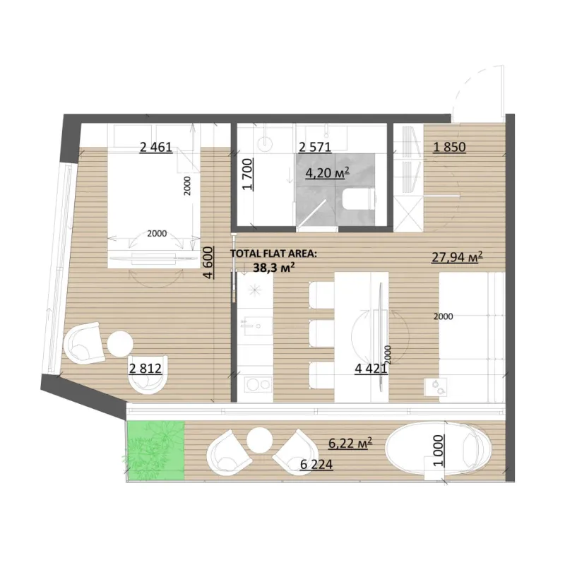 TAO Club House Studio floor plan, 419 sqft