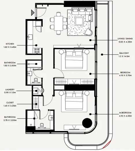 Azizi Milan 2 bed floor plan, 1,240 sqft