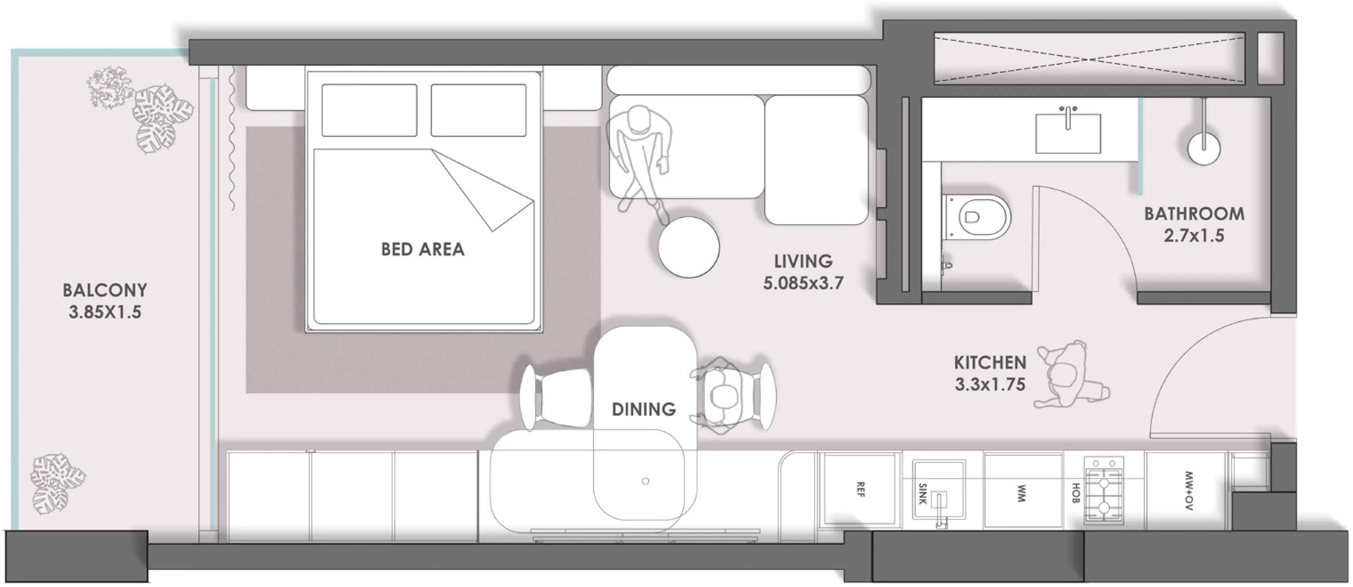 HOLM One Studio floor plan, 725 – 726 sqft