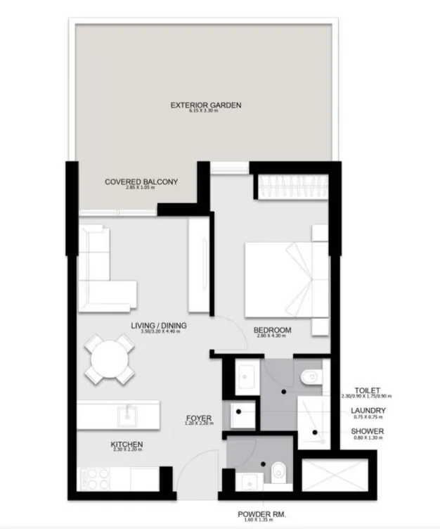 Al Mamsha Sharjah 1 bed floor plan, 907 sqft
