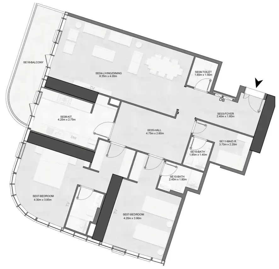 Joud Tower 2 bed floor plan, 1,817 – 1,850 sqft