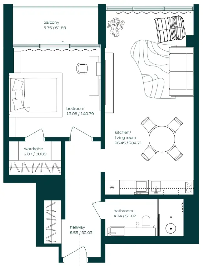 Vibe 1 bed floor plan, 750 sqft