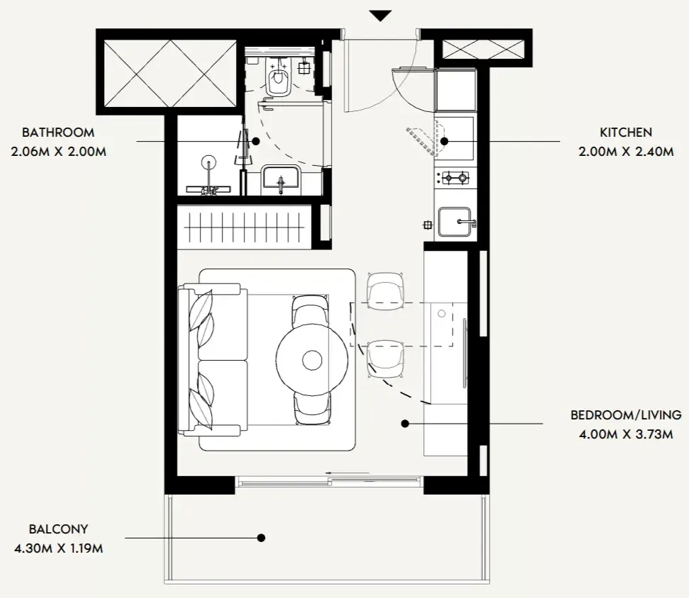 Azizi David Studio floor plan, 334 sqft