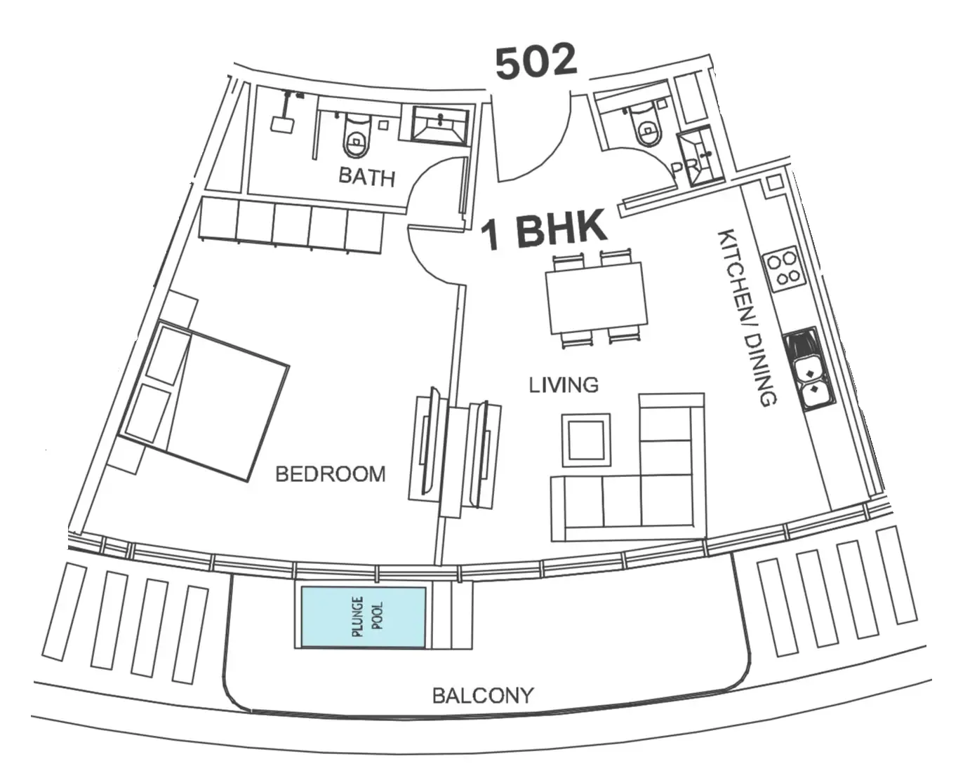 Villa Del Garda 1 bed floor plan, 866 sqft