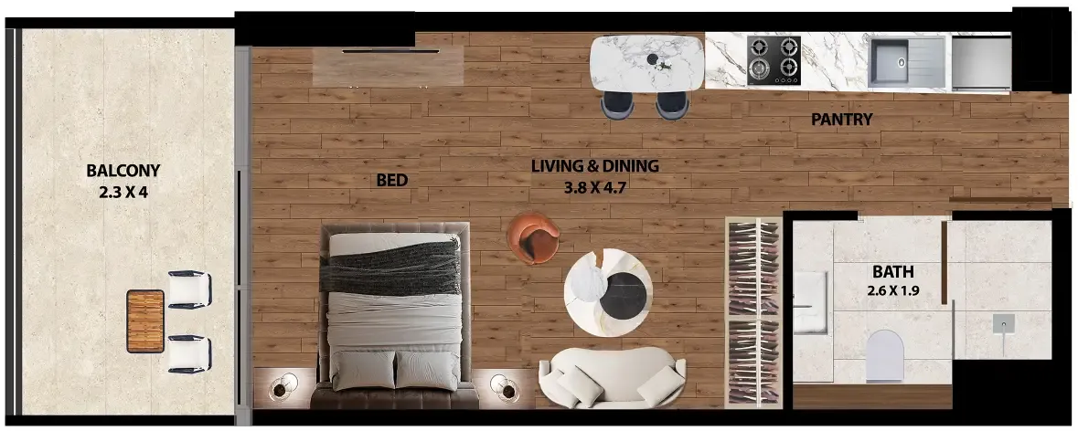 Marquis One Studio floor plan, 443 sqft