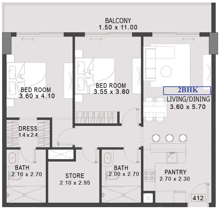 One By Preston 2 bed floor plan, 1,202 sqft