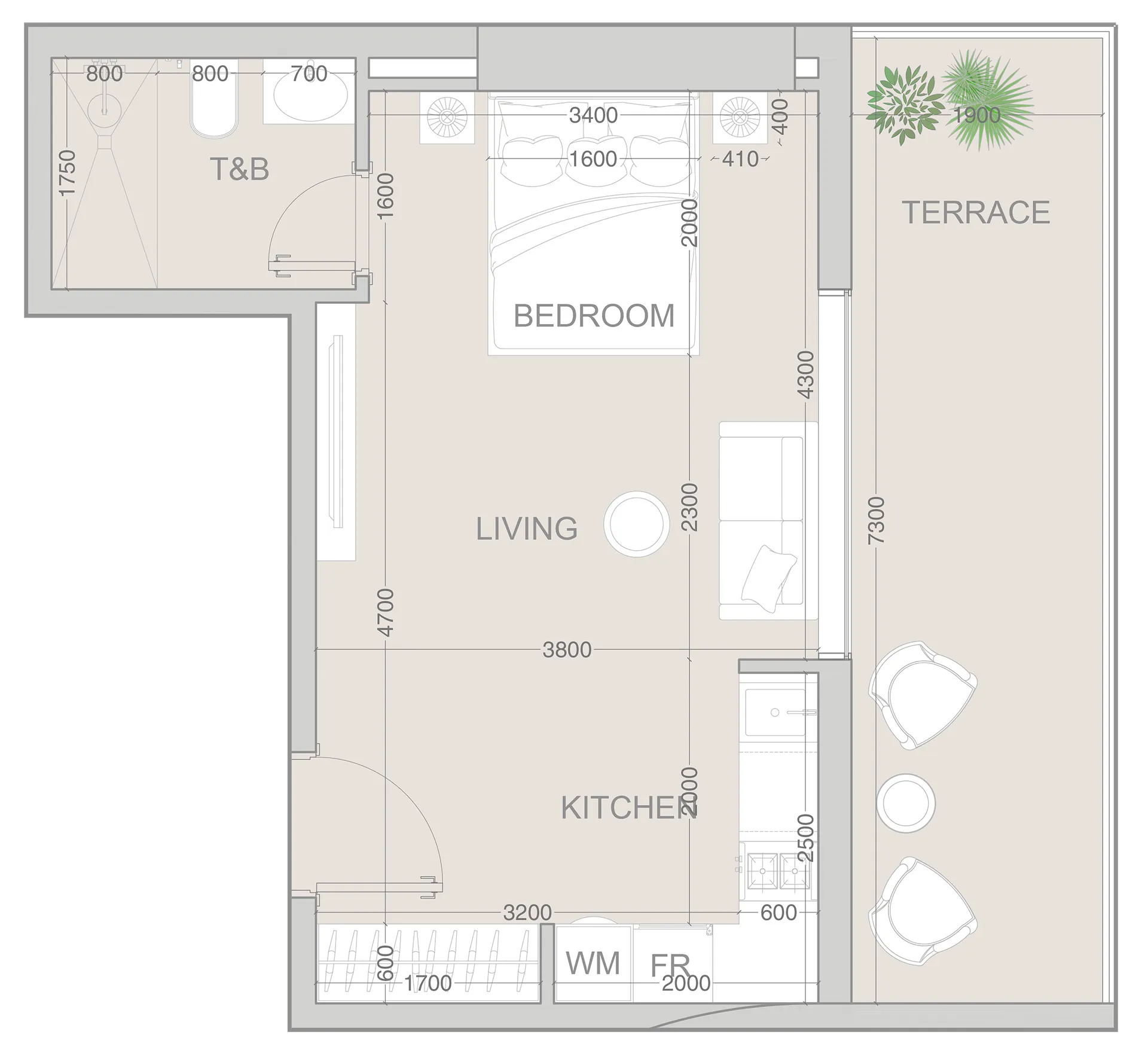 V1VID Tower Studio floor plan, 547 sqft